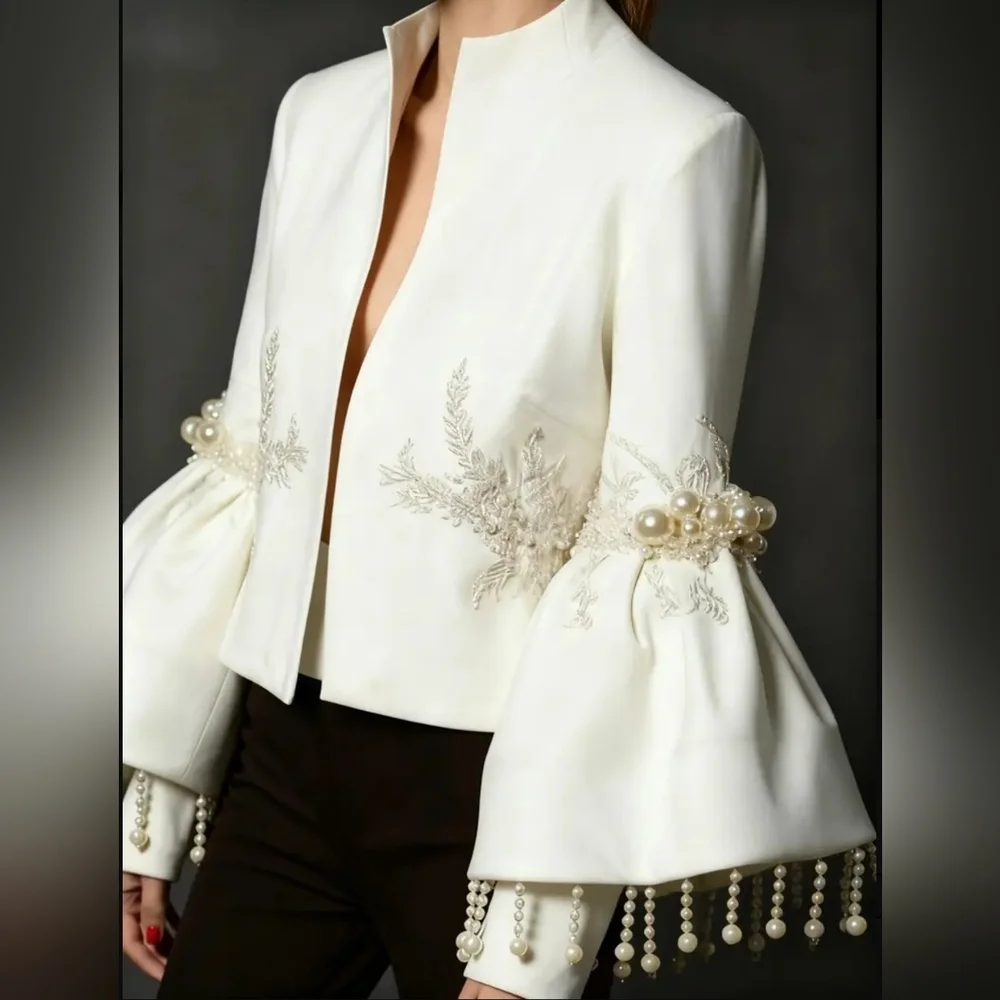 Elegant White Jacket with Pearl Embellishments - Picture 3 of 7